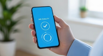 Person holding a smartphone displaying an air quality monitoring application with a checkmark mobile app technology data health environment clean air pollution