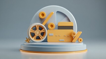 a vibrant 3d model of a scene that appears to be a blend of abstract forms with mechanical elements. dominating the center is a large gear, which seems to serve as a platform for various items