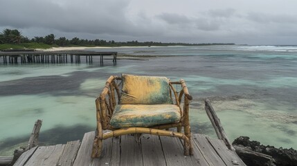 Wooden chair on pier overlooking turquoise sea