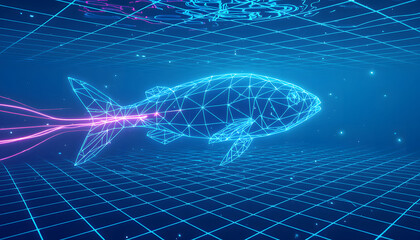 Digital illustration of a wirefram lowpoly fish scan with glowing blue electric energy and a dynamic lightning pattern