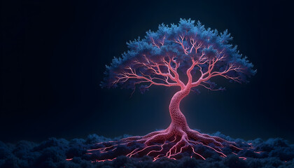 Futuristic Wireframe Tree of Life with Glowing Data Roots