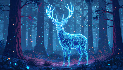 Cybernetic Wireframe Deer in a Digital Neon Forest