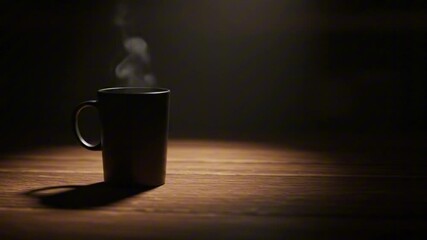 A mug emits steam casting a shadow on a wooden table set against a dark background - Powered by Adobe