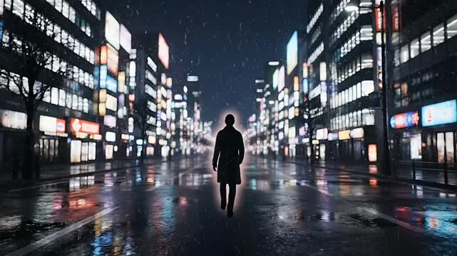 Atmospheric urban photo of a solitary figure walking through neon-lit streets at night.