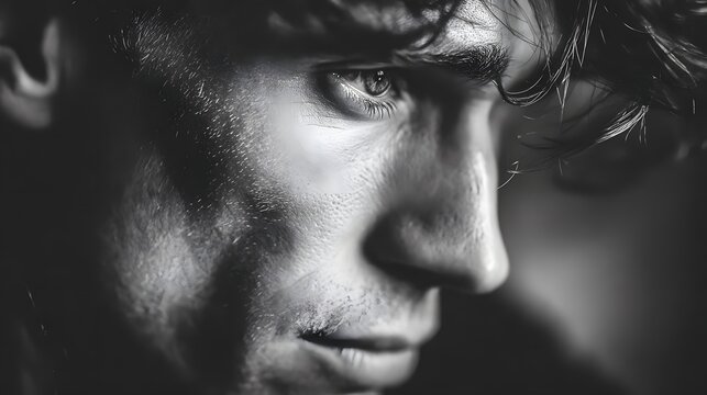 Close-up grayscale portrait of a man's face. - Powered by Adobe