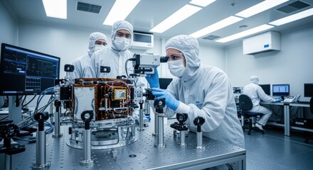 Precision alignment of optical instruments on a satellite payload happening inside an ISOclass commercial cleanroom.