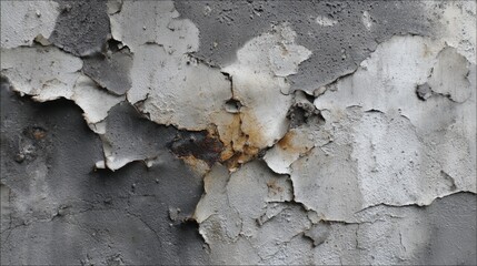 Weathered concrete wall with peeling layers and textured imperfections in grey tones