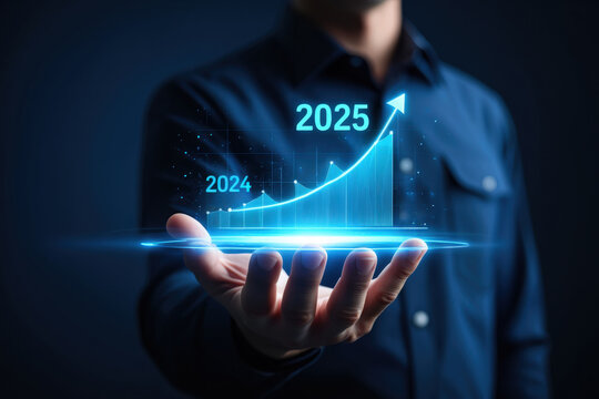 Visualizing Growth and Progress A Hand Holding a Holographic Graph Displaying an Upward Trend from 2024 to 2025 Representing Business Success and Future Projections