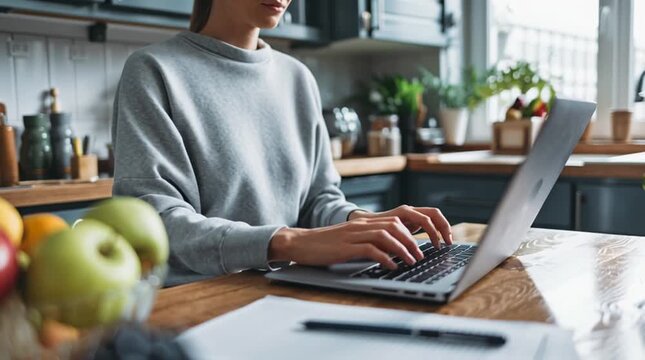 Woman working on laptop in kitchen with fruit bowl and paperwork on wooden table surface at home