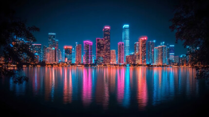 Fototapeta premium vibrant city skyline illuminated with colorful lights reflecting on water