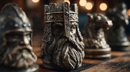 Fototapeta premium Close-up of detailed bronze-colored chess pieces.