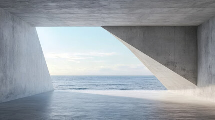 Abstract empty, modern concrete room with light diagonal wall opening with ocean view on the back wall