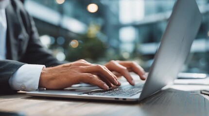 Close up of hands typing on a laptop keyboard in an office setting with blurred background detail - Powered by Adobe