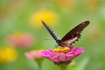 Brown and White Butterfly Sipping Nectar from a Bright Pink Zinnia Flower in a Lush Green Garden, Showcasing the Delicate Beauty of Nature and the Interconnectedness of Life