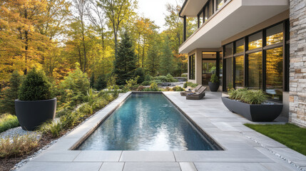 Landscape architecture of a contemporary home with pool, modern plant