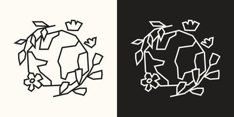 Earth with Floral Accents Icon in Black Line Art and White Line Art Cutout Style