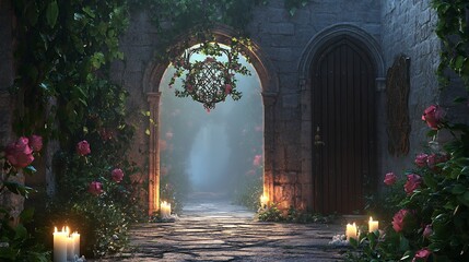 Fototapeta premium A mystical stone corridor features an ornate archway with a reflective mirror surrounded by lush foliage and vibrant pink roses