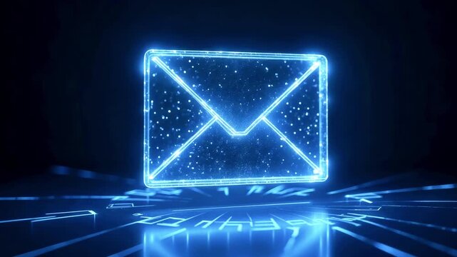 Futuristic glowing envelope symbolizing digital communication amidst a high-tech background