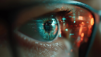 close-up of human eye with futuristic digital interface overlay