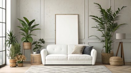 Contemporary Interior with Blank Canvas Behind Couch and Soft Lighting