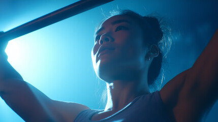 strong asian female athlete lifting barbell under blue light 