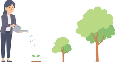 スーツを着た女性と成長する木のイラスト © perisuta