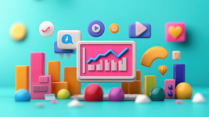 Fototapeta premium laptop with display Business and Financial Analysis On a pink background