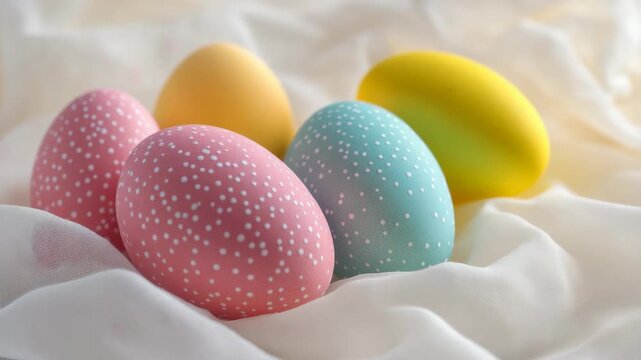 Variety of pastel-colored Easter eggs, each speckled with polka dots, set against a white fabric backdrop. Bright and cheerful decorations for the spring holiday.