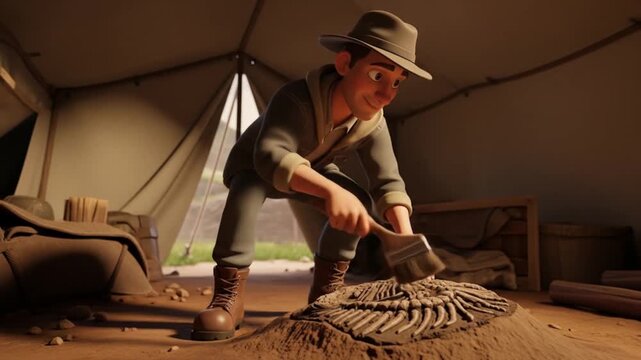 Animated archaeologist carefully excavates a fossil trilobite inside a tent, revealing ancient history