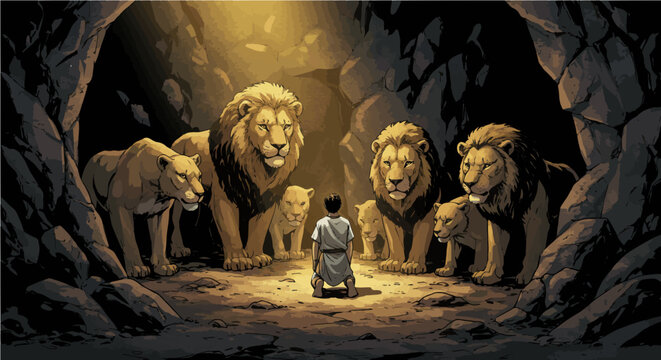 Cartoon showing a scene from the story described in the Holy Bible of Daniel in the lion's den