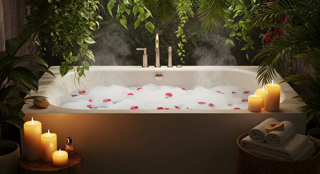Luxurious Botanical Spa Bath with Candles and Rose Petals
