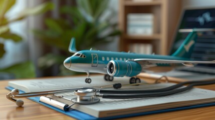 Model airplane and stethoscope on desk representing medical air transport services and care