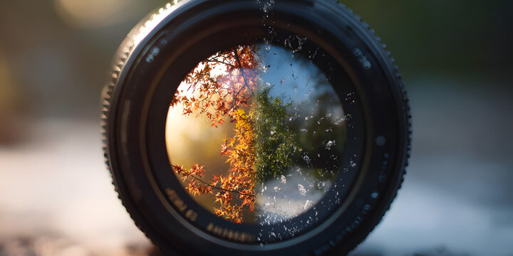 Through the Lens: A captivating image captures a unique perspective, peering through a camera lens to showcase the vibrant transition of seasons.