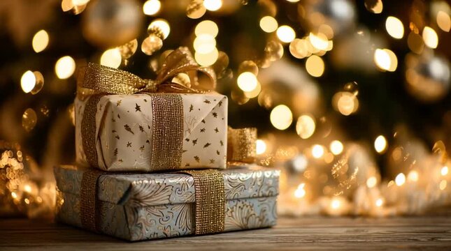 Wrapped christmas presents with jute twine bows under a christmas tree with blurred lights behind them
