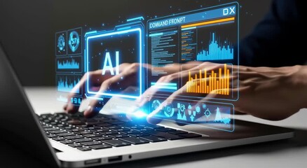 Person uses laptop with command prompt interface for coding programming data technology in modern futuristic digital business - Powered by Adobe