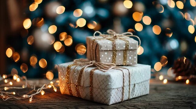 Stacked christmas gifts with gold ribbon and twine on a wooden surface with bokeh background lights