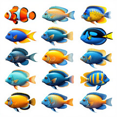 Diverse Collection of Colorful Tropical Fish Displaying Aquatic Biodiversity and Marine Life in a Vibrant Array of Shapes and Patterns Against White Backdrop