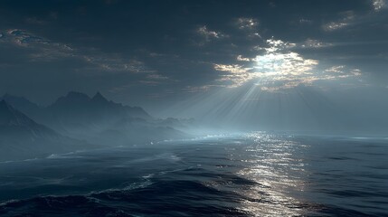 Sunlight piercing through a cloudy sky over a misty ocean.