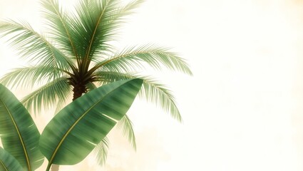 Naklejka premium A watercolor-style abstract tropical landscape with visible vintage paper textures and subtle tears, featuring softly blurred palm trees with feathery leaves and large banana leaves in muted