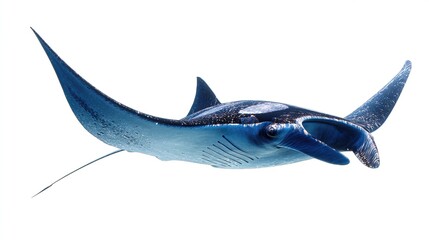 Dark blue manta ray swimming, open mouth, white background, smooth skin, wing-like fins