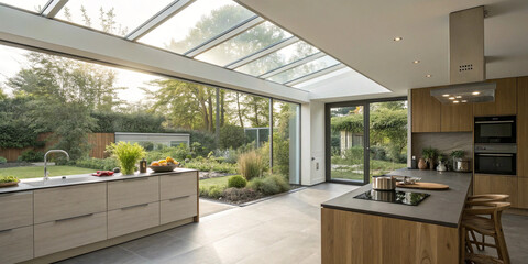 Eco-modern kitchen with skylights, compost station, and garden view.
