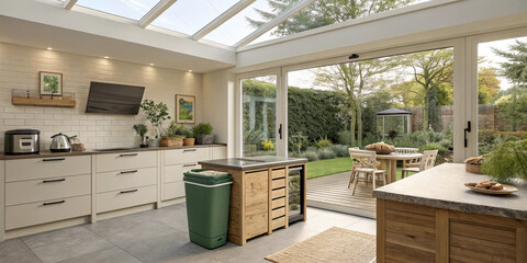 Eco-modern kitchen with skylights, compost station, and garden view.
