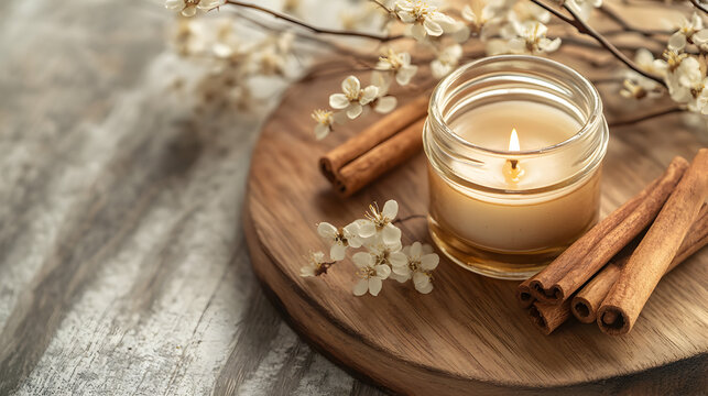 una vela de canela encendida aromatica y organica sobre un circulo de madera sobre una mesa con espacio de copia con ramas de flores y varas de canela decorativas 