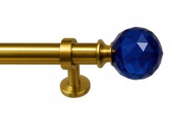Luxurious gold curtain rod with gleaming blue crystal finial, highlighting sophisticated home accessory against clean transparent backdrop