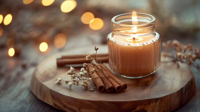 una vela encendida de canela aromatica y natural organica sobre un trozo de madera con luces efecto bokeh al fondo con espacio de copia 