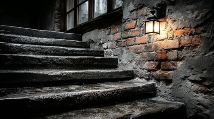 Ancient Wet Stone Steps Glisten Under a Solitary Lantern's Warm Glow