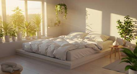 Sun-Drenched Bedroom Oasis: Serene Interior with Lush Greenery