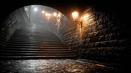 Mystical Stairway: Foggy Ascent Under Antique Lanterns in Prague's Old Town