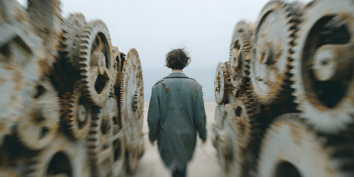 Facing the Gears of Time: An individual stands between colossal, rusted gears set against the backdrop of a blurred coastline, symbolizing the relentless march of time and industry