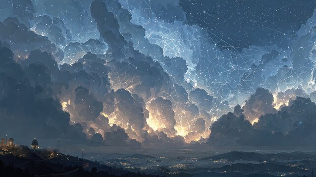 Cityscape at dawn beneath a fantastical, star-connected cloud formation